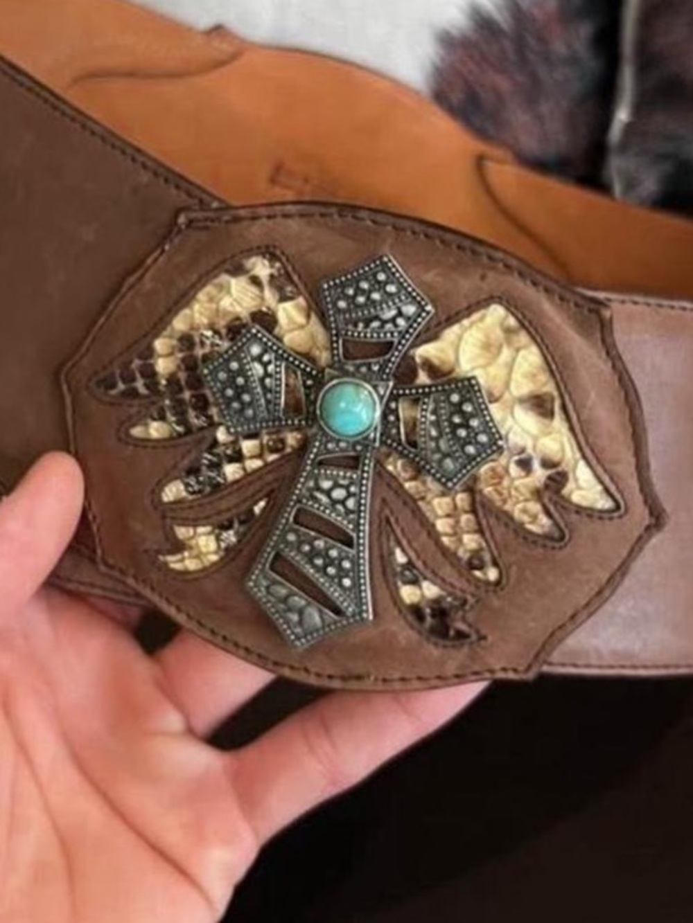 Handcrafted leather python and lizard  belt winged cross turquoise accents L